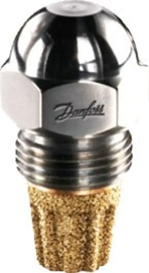 Öldüse mit metallischem Oberteil und gewendeltem, goldfarbigem unteren Bereich, beschriftet mit Danfoss. Gezeigt wird eine Komponente, die Teil eines Heizsystems sein könnte.